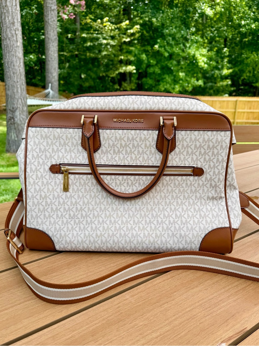 Michael Kors Signature Monogram Weekender Bag with Brown Trim